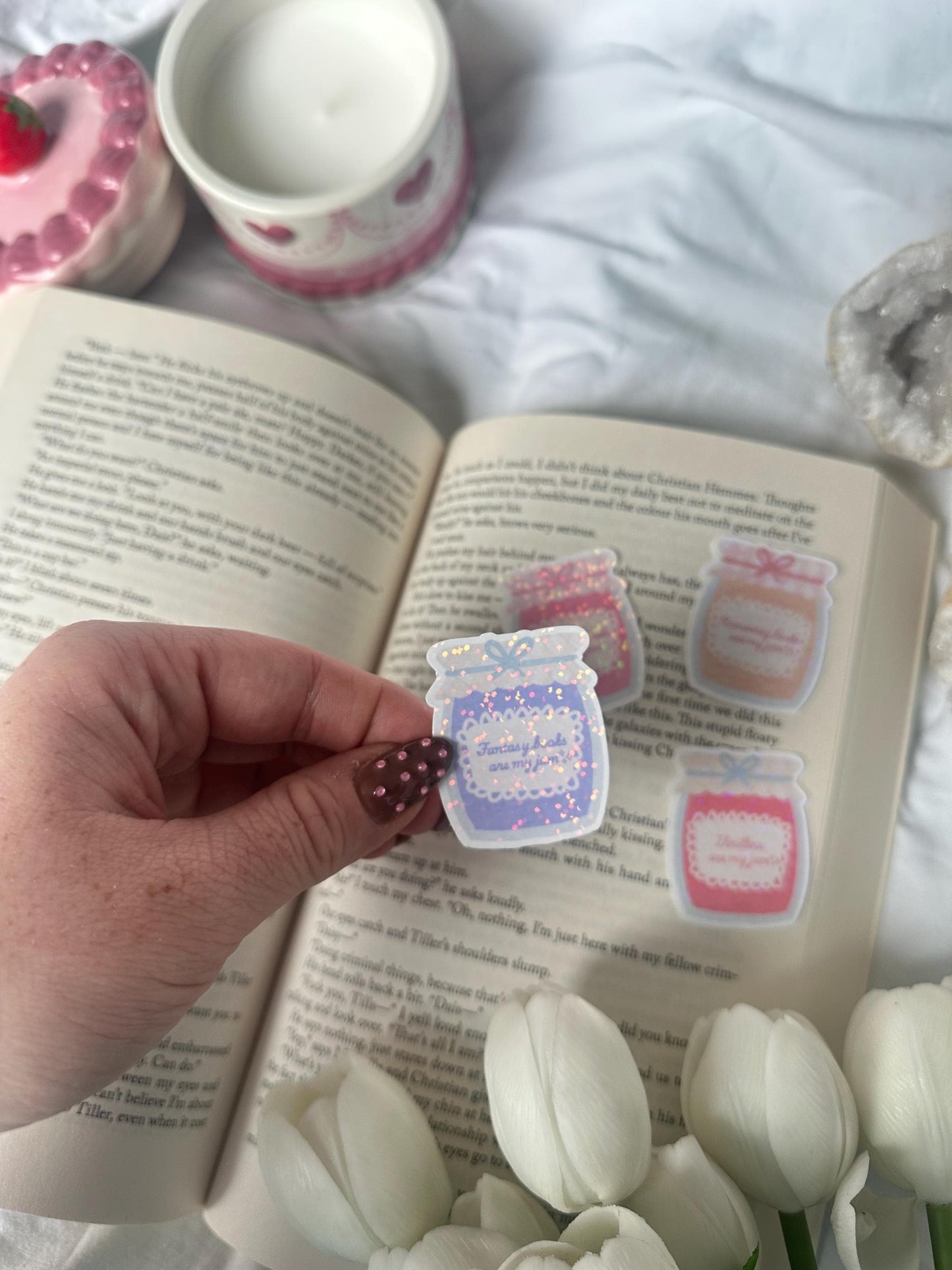 Thrillers/Romance/Fantasy/Romantasy books are my jam shiny sticker