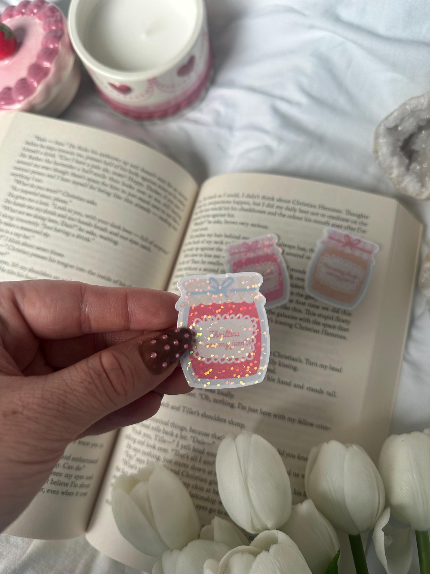 Thrillers/Romance/Fantasy/Romantasy books are my jam shiny sticker